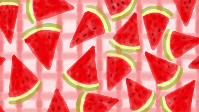 Wiggly hand drawn watermelon slice pattern watercolor paint background 