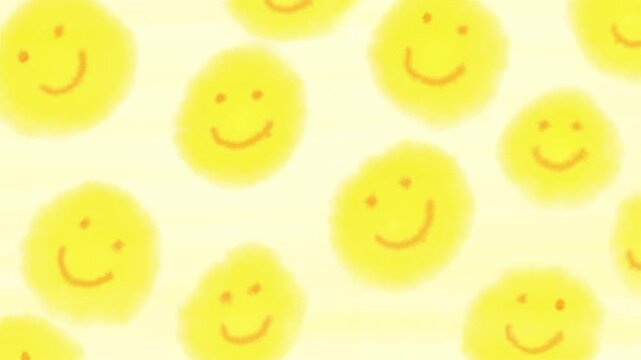 Wiggly hand drawn yellow smiling face pattern watercolor paint background 