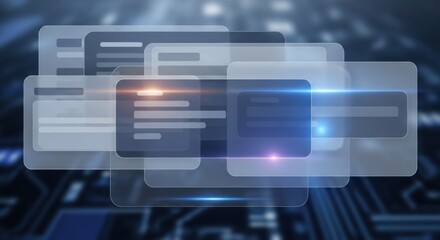 Fototapeta premium Abstract digital interface with multiple overlapping windows and data visualization.