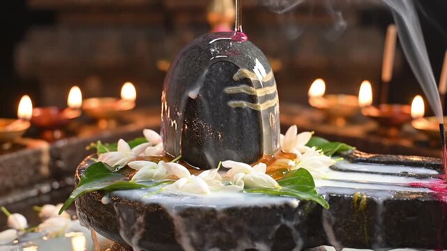 Sacred Mahashivratri Abhishekam: Close-up of Shiva Lingam with Ritual Milk and Flower Offerings