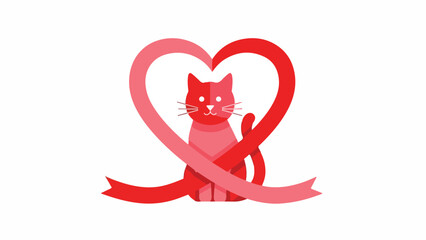 Cat in Heart with Ribbon Illustration on White Background