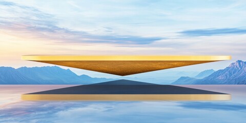 Abstract geometric gold platform with reflection and mountain background, modern minimalist scene for luxury product display or creative showcase.