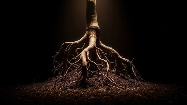 Deep Root System Unveiled Against Dark Background