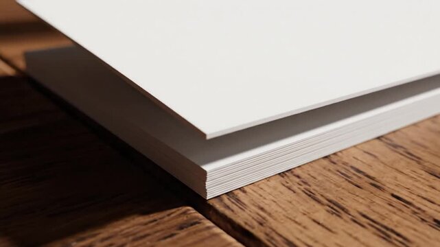 Blank card stack on wooden table.