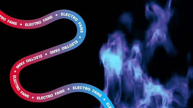 Electro Fans promotional text on blue and red moving tapes with colorful fire in a seamless loop.