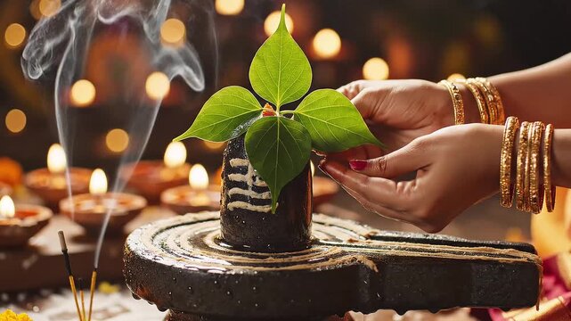 Sacred Offering of Bilva Leaves on Shiva Lingam for Mahashivratri Ritual. Capturing the Essence of Spiritual Reverence and Ancient Hindu Rituals