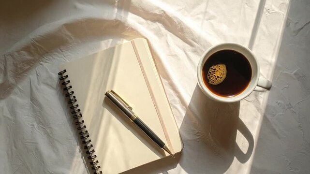Cozy morning with coffee, notebook, and pen on a textured white surface