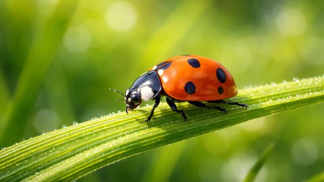 Ladybug crawling along a green blade of grass, showcasing its vibrant red body and black spots, with dew drops glistening in the sunlight on a blurred natural background