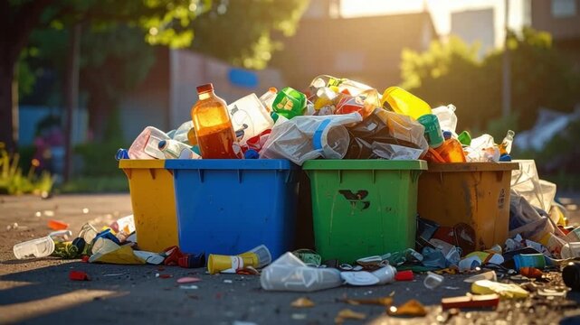Overflowing Recycling Bins with Plastic Waste and Litter on Street