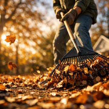 Man raking autumn leaves in a park during golden hour.