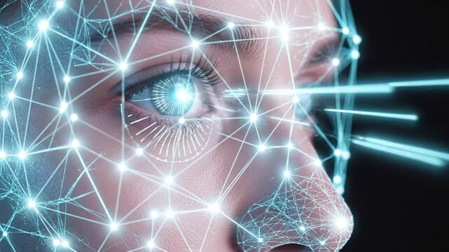 Biometric facial recognition, AI scanning human face with digital network overlay