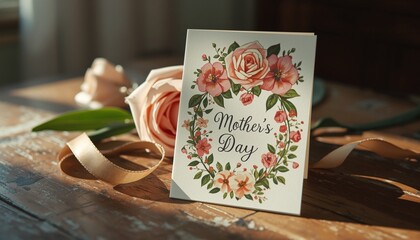 A Mother's Day card with flowers and ribbon on a wooden table