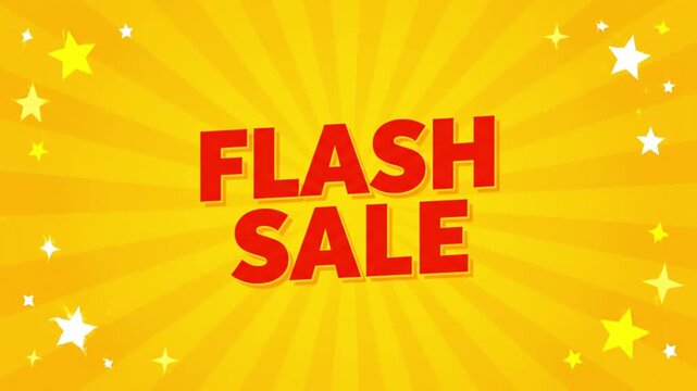 A bright and energetic motion graphics animation featuring "FLASH SALE" in bold red text against a dynamic yellow sunburst background.