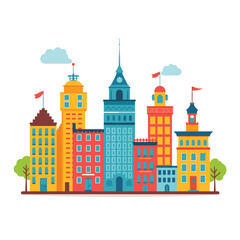 Obraz premium Colorful cartoon city skyline with various buildings and trees 1.