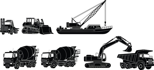 Set of heavy construction machinery silhouettes featuring concrete mixer, excavator, bulldozer, dump truck, and crane barge for industrial vector design. © Itz  Parvin