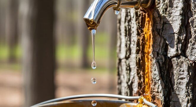 Maple sap dripping from tap into container on tree in forest  