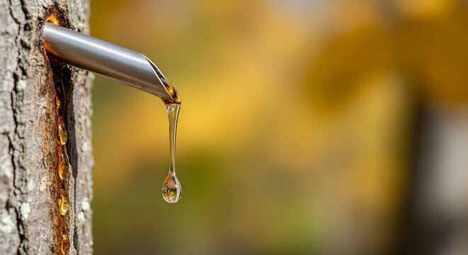Sap dripping from tap on tree during autumn season, concept of Maple Sap Tapping  