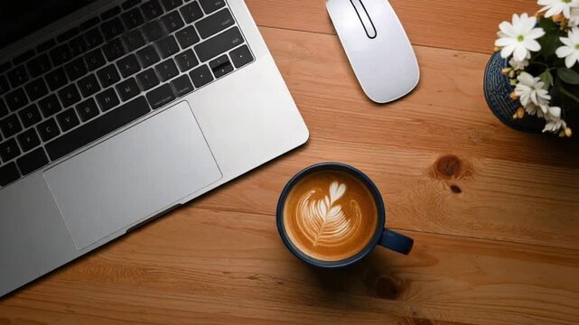 Overhead view of a modern laptop, coffee, and mouse on a wooden desk