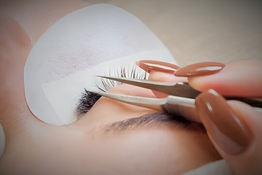 Eyelash extension application process using tweezers in a beauty salon during a busy afternoon
