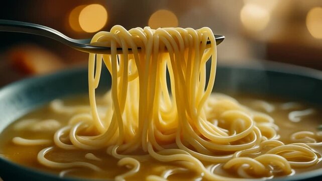 Close-up of delicious, hot noodles in a bowl.