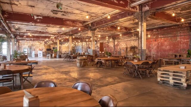 Large rustic event space with distressed walls, wooden tables, string lights, and industrial details