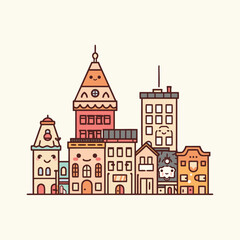 Cute Cartoon Cityscape with Happy Buildings.