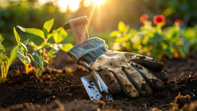 Gardening glove and trowel in rich soil with plants and warm sunlight