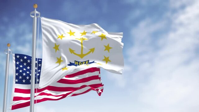 American Flag and Rhode Island State Flag Waving Together Proudly Symbolizing Unity and Patriotism