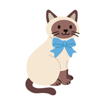 Cute Siamese cat sitting with a blue bow. Flat vector illustration in a soft cartoon style, isolated on white background. Perfect for kids designs, nursery decor, pet themes, stickers and educational 