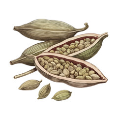 Cardamom pods and seeds isolated on white background, Vector, illustration