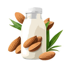 Almond milk bottle with nuts isolated on white background, Vector, illustration