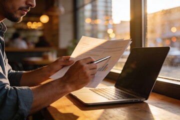 Bearded man analyzing financial report documents with a pen near a laptop screen in a sunny cafe for data analysis and remote work concept.