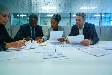 Diverse business team analyzing financial documents and reports at a corporate meeting viewed through wet glass with copy space for strategy concept.