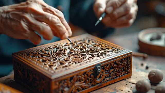 Artisan's hands meticulously carving intricate details on a wooden box