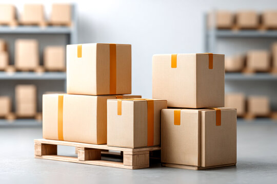 A stack of cardboard boxes with orange labels on a wooden pallet in a warehouse setting, indicating storage and logistics.