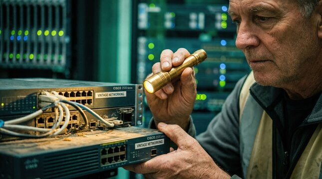 Senior network engineer inspecting dusty vintage networking equipment in a dark data center using a flashlight for IT maintenance and service concept. - Powered by Adobe