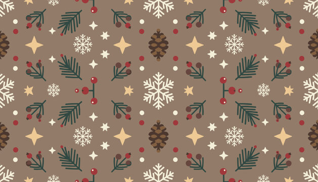 Rustic winter pattern snowflakes pine cones holly berries and stars on a cozy brown background