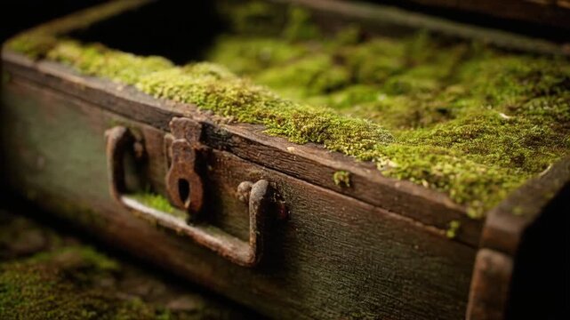Close-up of an aged wooden box covered in vibrant green moss, showcasing textures and rust