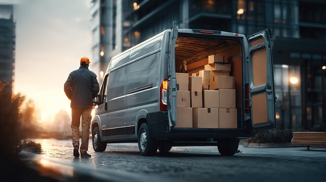 Delivery van with open rear doors loaded with cardboard boxes parked on a city street at sunset.