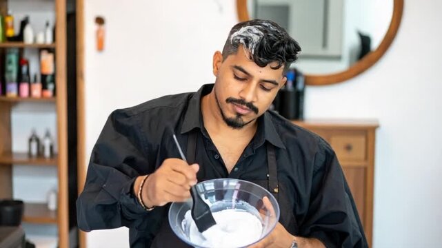 Young man preparing hair bleach in a salon for a modern hair treatment