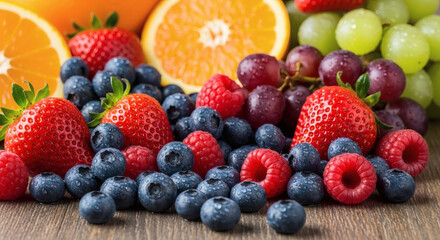 Obraz premium Fresh mixed berries and citrus fruits on wooden table