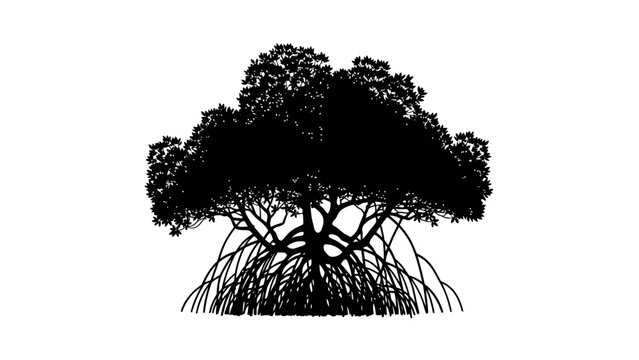 Black and white illustration of a mangrove tree with roots.