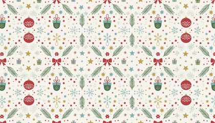 Retro Christmas seamless pattern with stars gifts baubles and snowflakes for holiday packaging