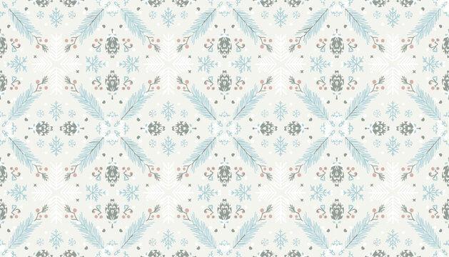 Seamless festive winter pattern with snowflakes pine branches berries and cones on a light background
