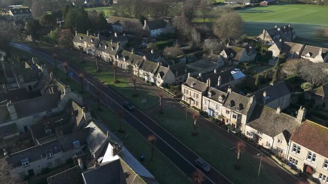 Oxfordshire Early morning winter Drone shot of Burford town in United Kingdom Cotswold area. 
