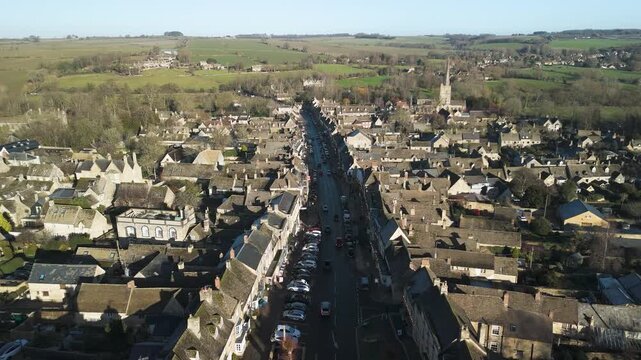 Oxfordshire Early morning winter Drone shot of Burford town in United Kingdom Cotswold area. 