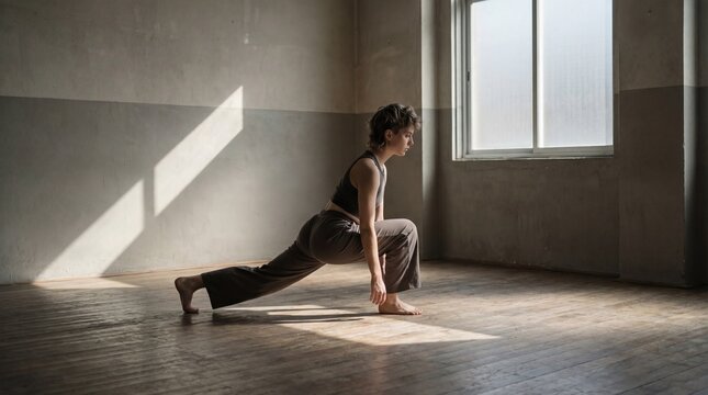 Androgynous Stretch: A non-binary person with short hair stretching in a minimalist dance studio, neutral tones, dramatic shadows, artistic and moody.