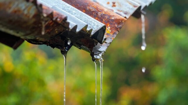 Rainwater dripping from old rusty corrugated metal roof
