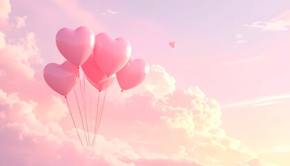 Cluster of pink heart-shaped balloons floating in a pastel sky.