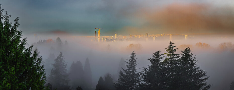 This is a dreamy and wintery composite image taken early in the morning with abundance of mist and fog laying low over the Fraser River with partial city views of New Westminster and Coquitlam Canada.